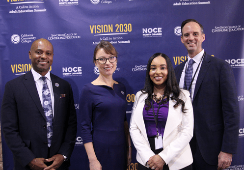 A photo of NOCCCD Chancellor Dr. Byron D. Clift Breland, NOCE President Valentina Purtell, SDCCE President Dr. Tina King, and SDCCD's Gregory Smith
